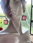 Upcycled Iridescent Wispy Pink Stained Glass 1” Square Earrings with Beads