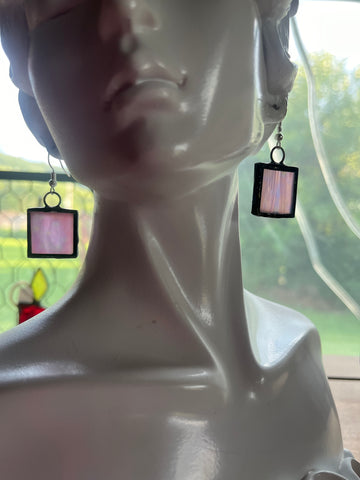 Upcycled Iridescent Wispy Pink Stained Glass 1” Square Earrings