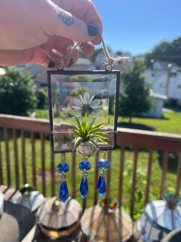 Vintage Etched Bevel Airplant Holder with Blue Chandelier Crystals