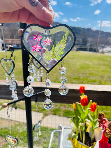 Fern and Tiny Pressed Flower Beveled Heart Rainbow Maker