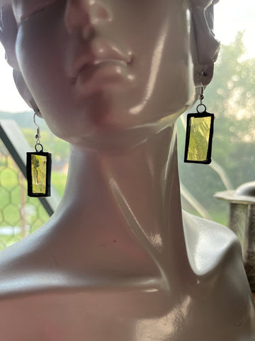 1” Rectangle Upcycled Jasmine Yellow Stained Glass Earrings