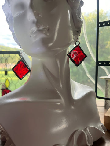 Upcycled Red Stained Glass 1.25” Diamond Earrings