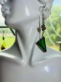 Lucky 4 leaf Clover Upcycled Green Stained Glass Chain Drop Earrings