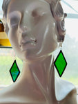 2” Rhombus  Iridescent Forest Green Stained Glass Earrings