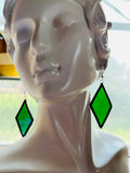 2” Rhombus  Iridescent Forest Green Stained Glass Earrings