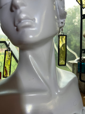 2” Rectangle Upcycled Jasmine Yellow Stained Glass Earrings