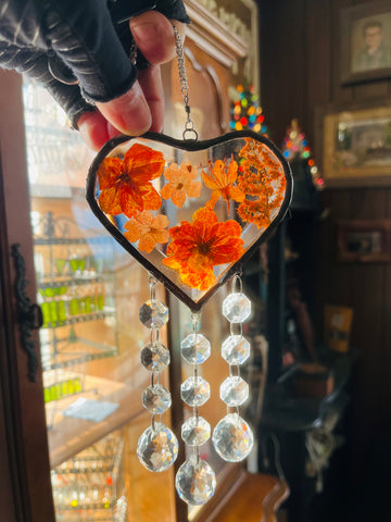 Orange Pressed Flower Beveled Heart Rainbow Maker