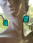 1” Thick Rectangle Upcycled Light Blue Stained Glass Earrings