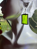 1” Thick Rectangle Upcycled Lime Green Stained Glass Earrings