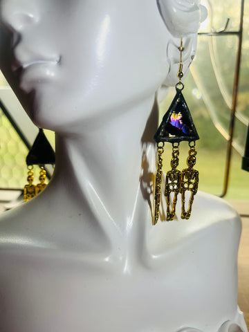 Gold Dangle Skeleton Black Oil Stick Stained Glass Earrings