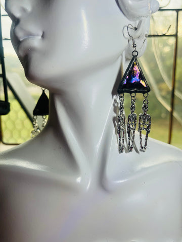 Silver Dangle Skeleton Black Oil Stick Stained Glass Earrings