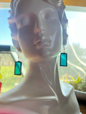 1” Rectangle Teal Glass Earrings