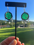 1” Upcycled Green Pattern Glass Circle Earrings