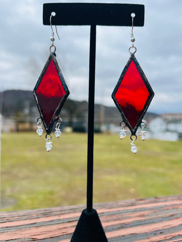 Upcycled 2” Red Rhombus Earrings with beads